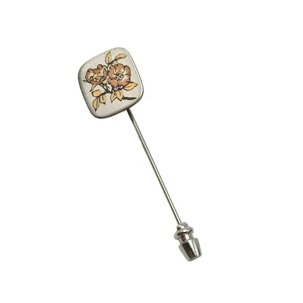 Reed & Barton Damascene Orange Yellow Floral Stick Pin Silver Tone Vintage
